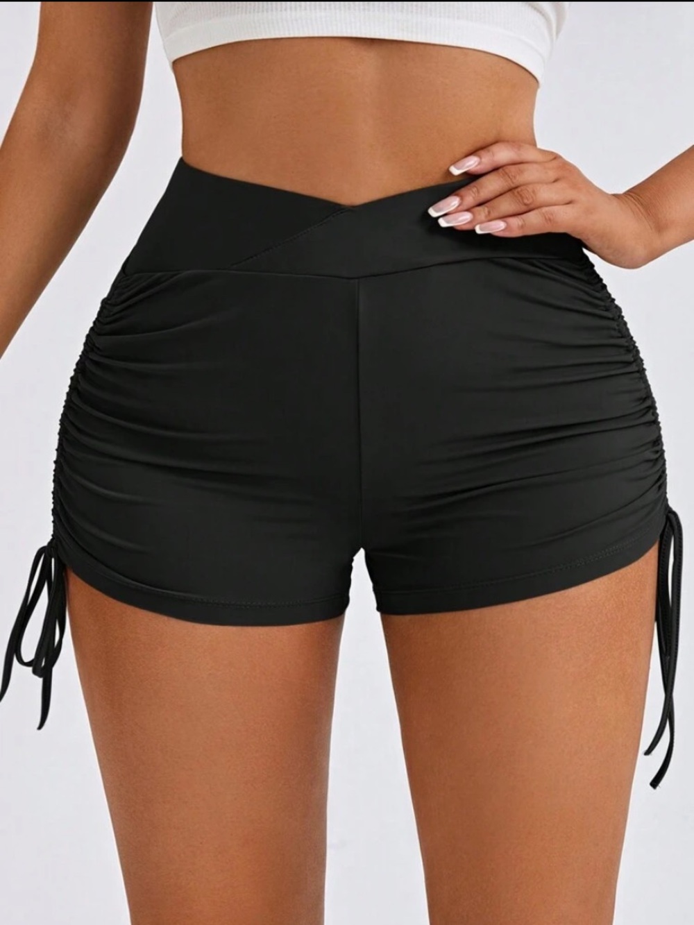 High-Waist Black Ruched Side Drawstring Women’s Shorts